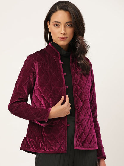 Women's Burgundy Velvet Full Sleeve Quilted Jacket