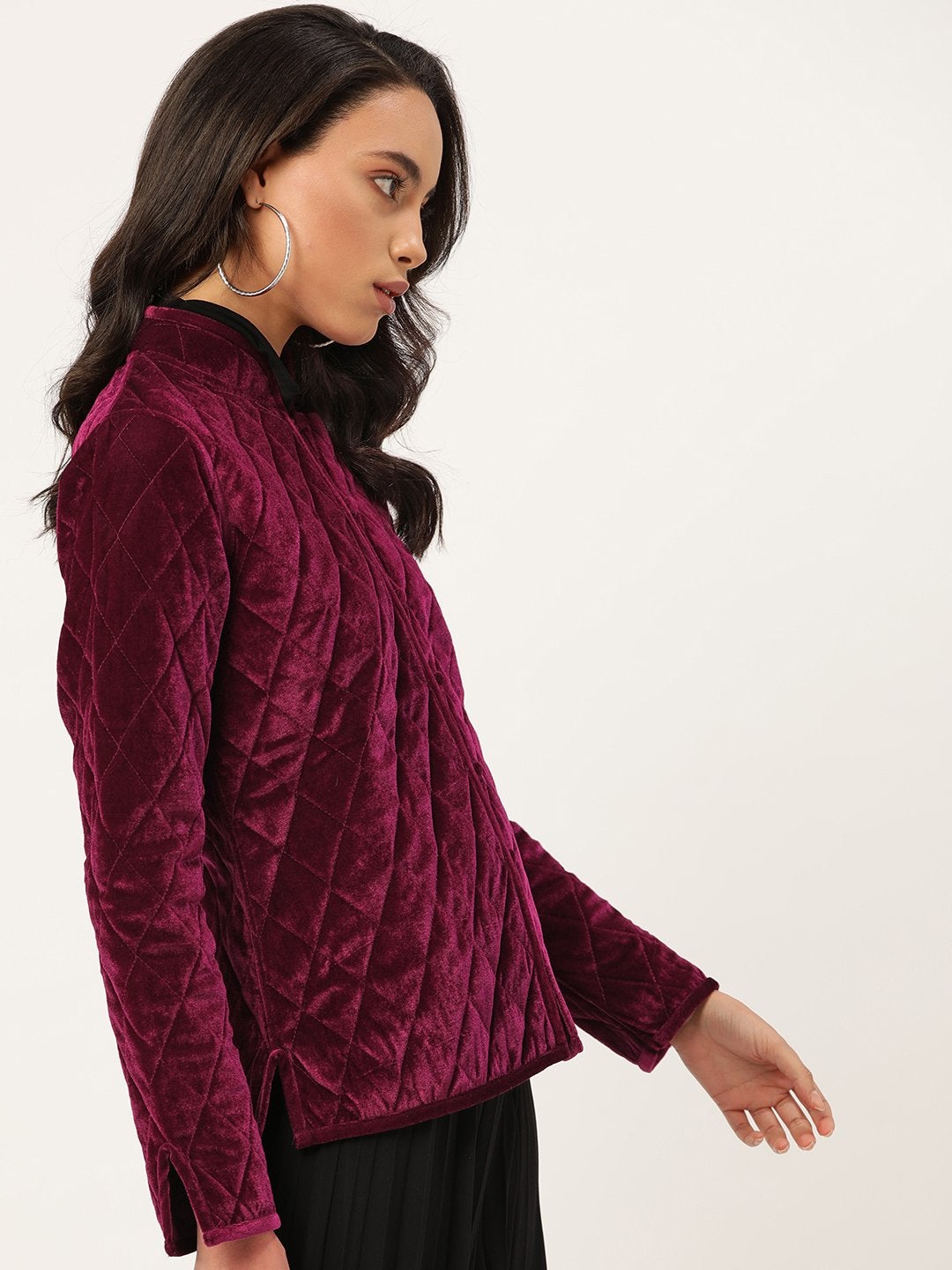 Women's Burgundy Velvet Full Sleeve Quilted Jacket
