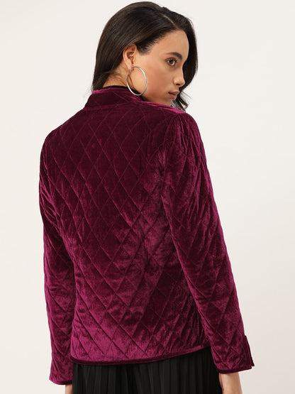 Women's Burgundy Velvet Full Sleeve Quilted Jacket