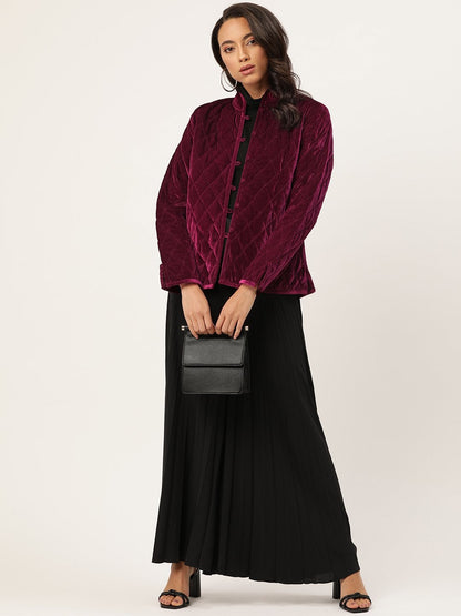 Women's Burgundy Velvet Full Sleeve Quilted Jacket