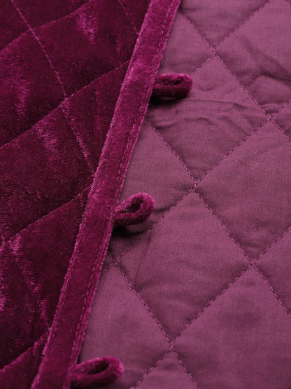 Women's Burgundy Velvet Full Sleeve Quilted Jacket
