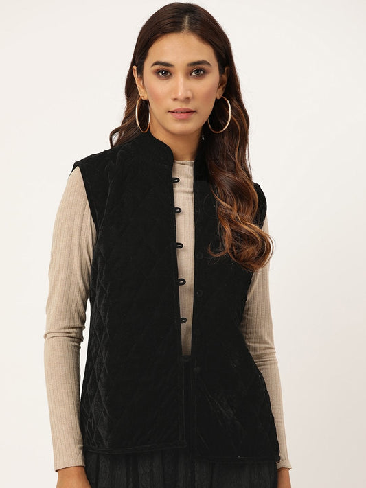 Women's Black Velvet Sleeveless Quilted Jacket