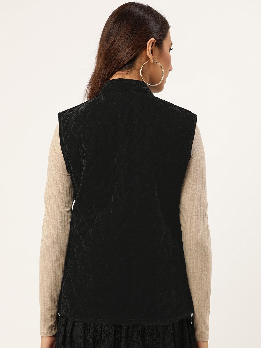Women's Black Velvet Sleeveless Quilted Jacket
