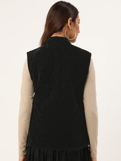 Women's Black Velvet Sleeveless Quilted Jacket
