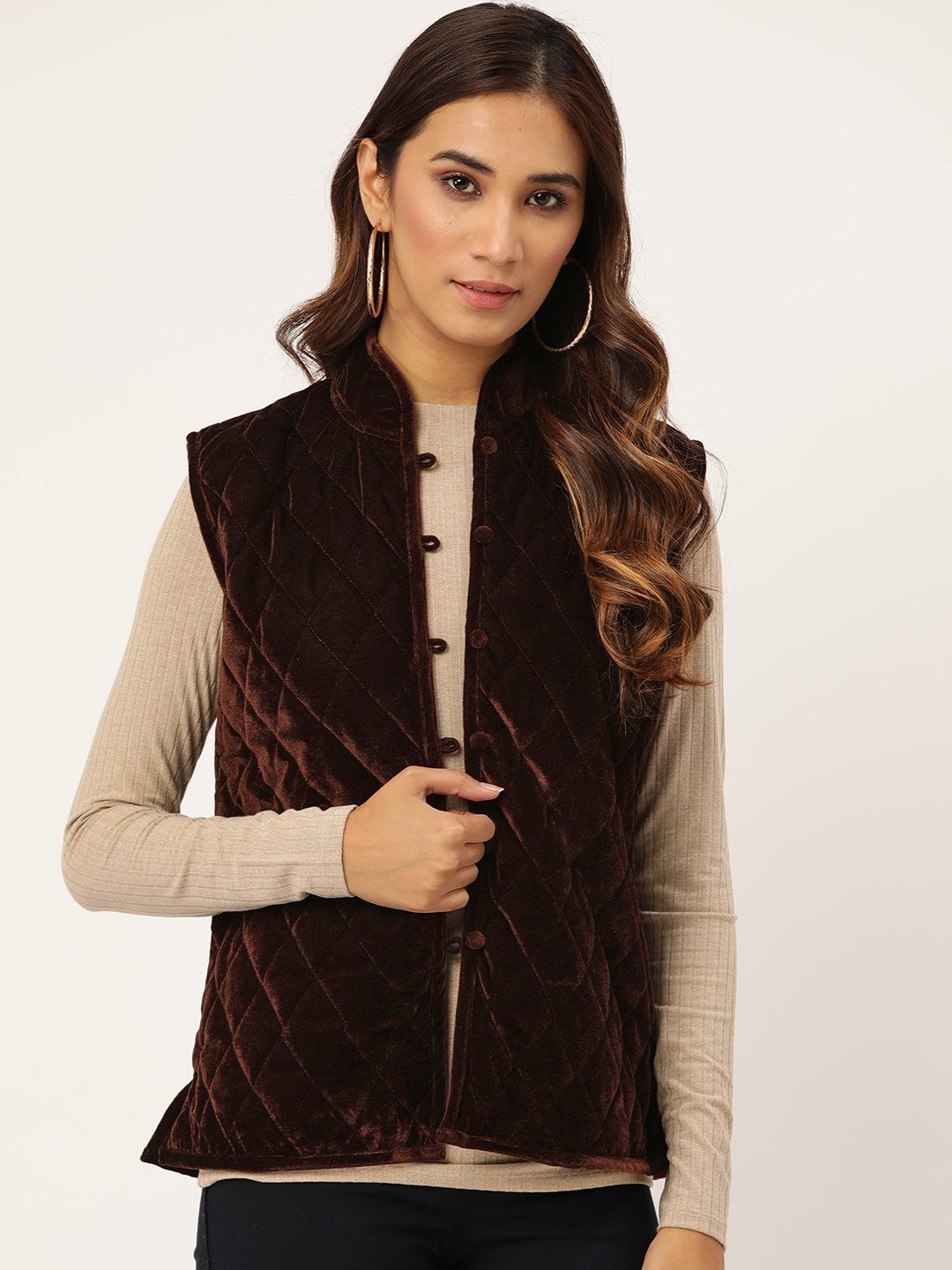 Women's Brown Velvet Sleeveless Quilted Jacket
