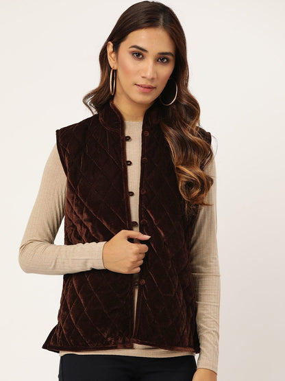 Women's Brown Velvet Sleeveless Quilted Jacket