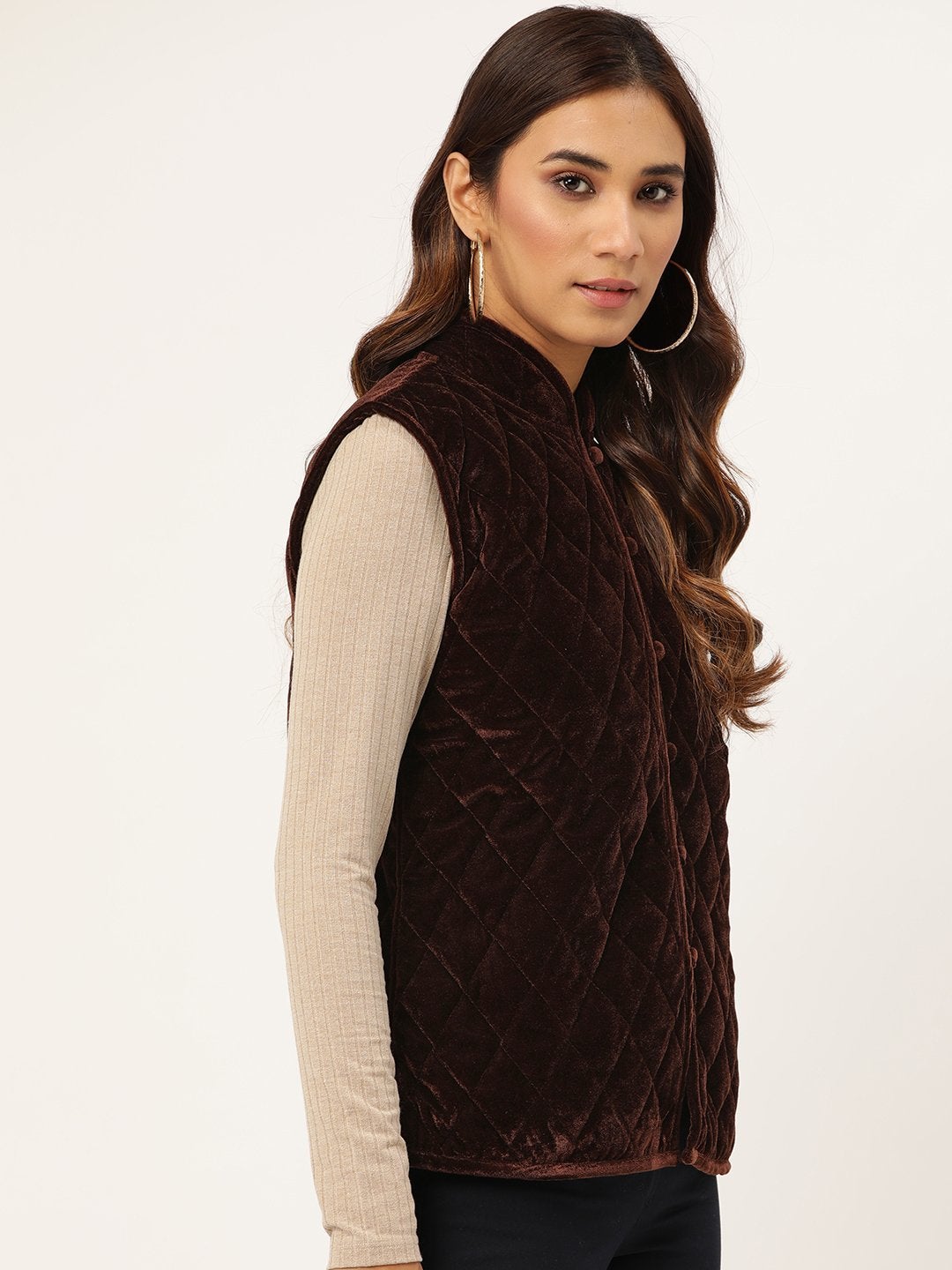 Women's Brown Velvet Sleeveless Quilted Jacket