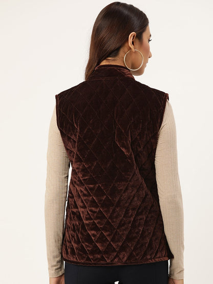 Women's Brown Velvet Sleeveless Quilted Jacket