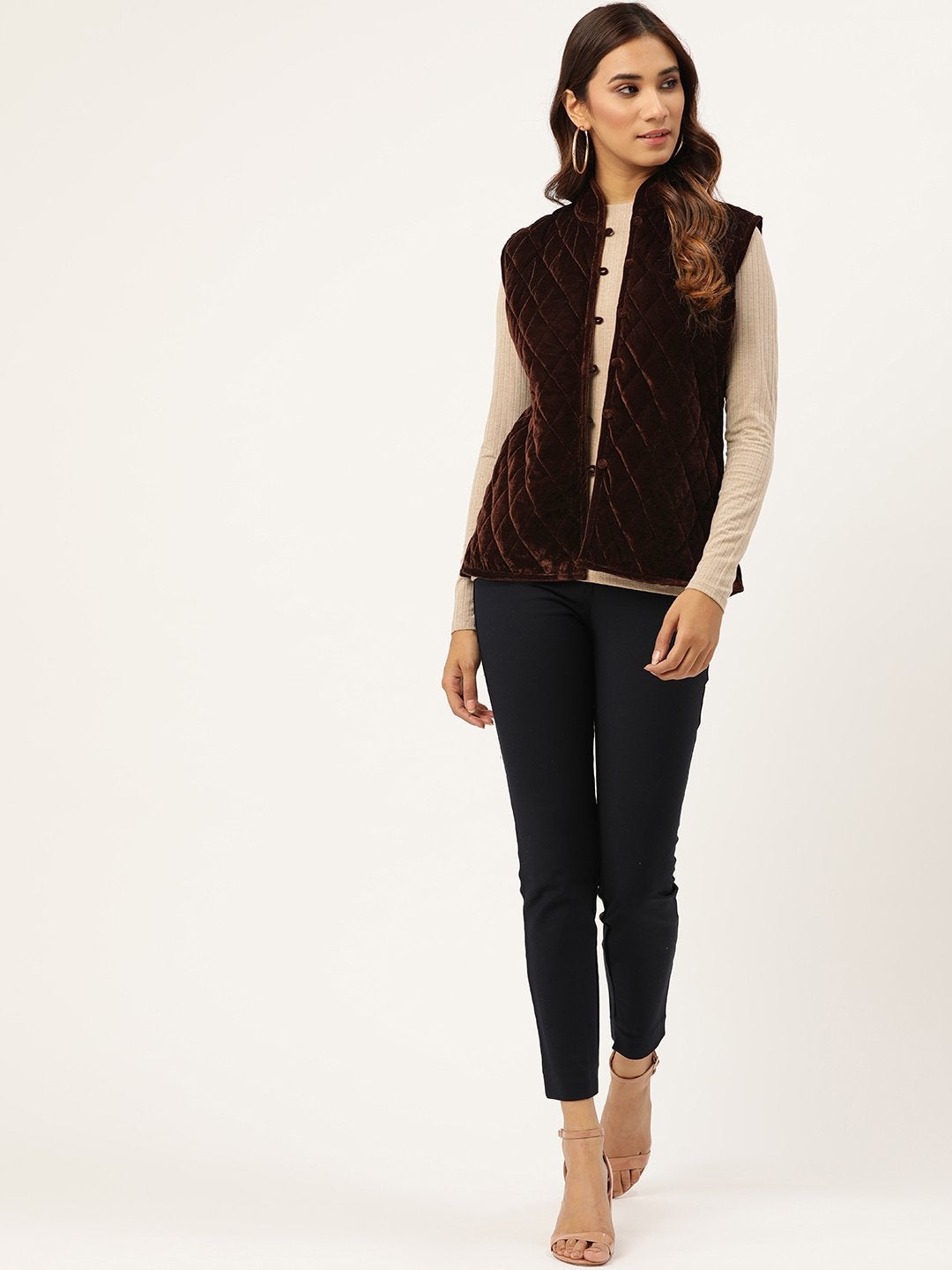 Women's Brown Velvet Sleeveless Quilted Jacket