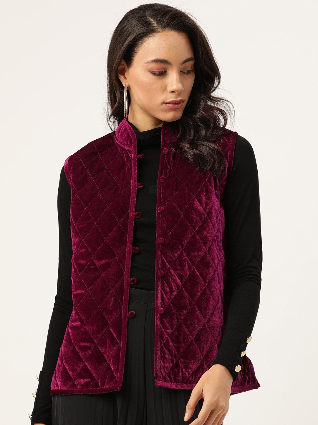 Women's Burgundy Velvet Sleeveless Quilted Jacket