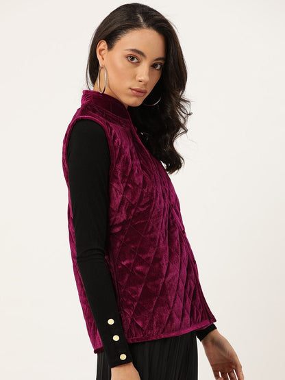 Women's Burgundy Velvet Sleeveless Quilted Jacket