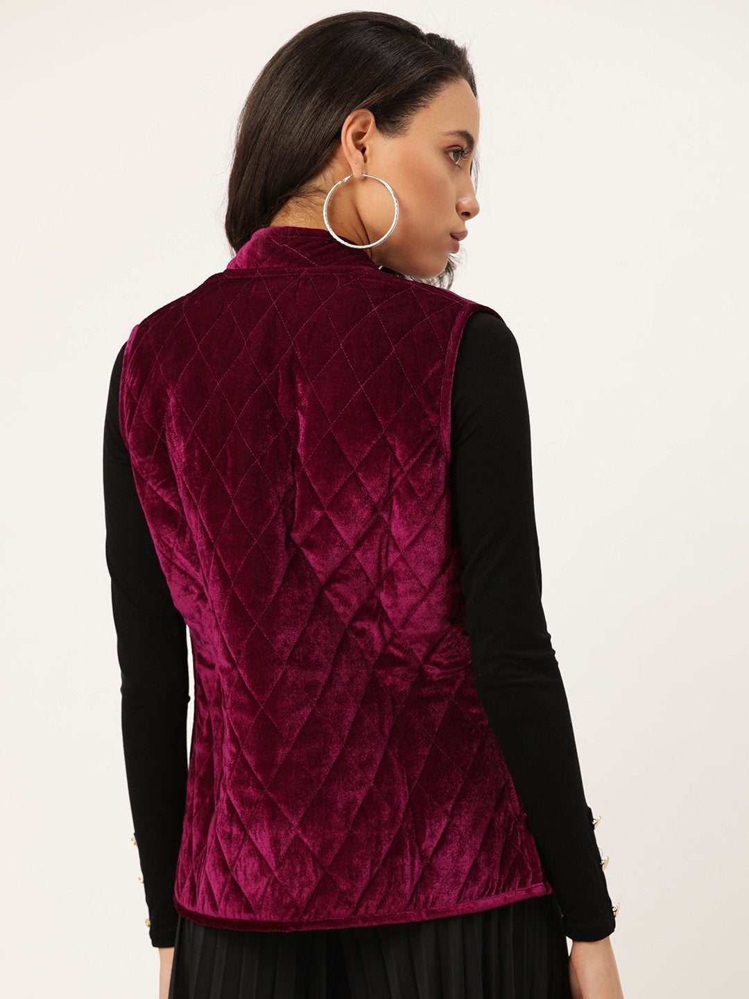 Women's Burgundy Velvet Sleeveless Quilted Jacket