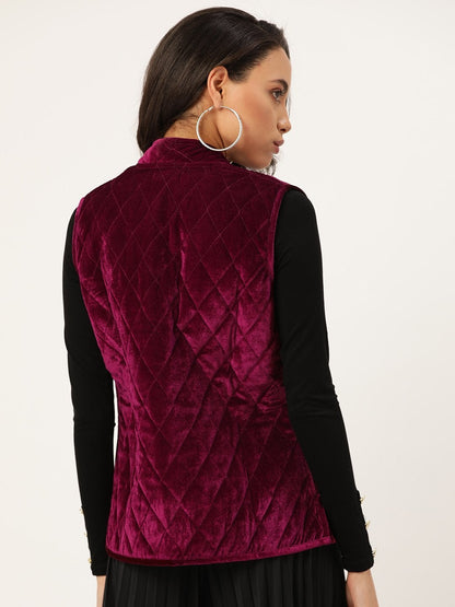 Women's Burgundy Velvet Sleeveless Quilted Jacket