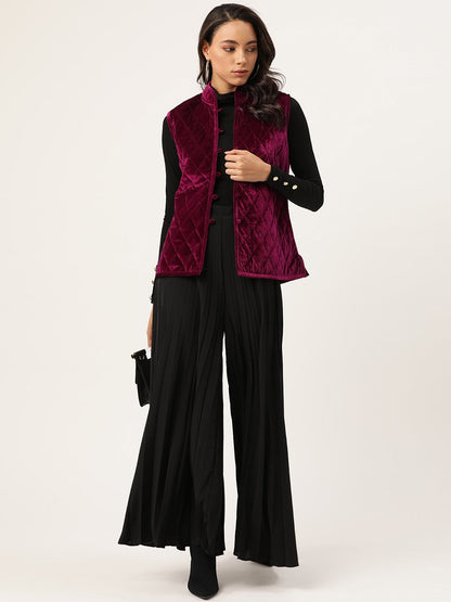 Women's Burgundy Velvet Sleeveless Quilted Jacket