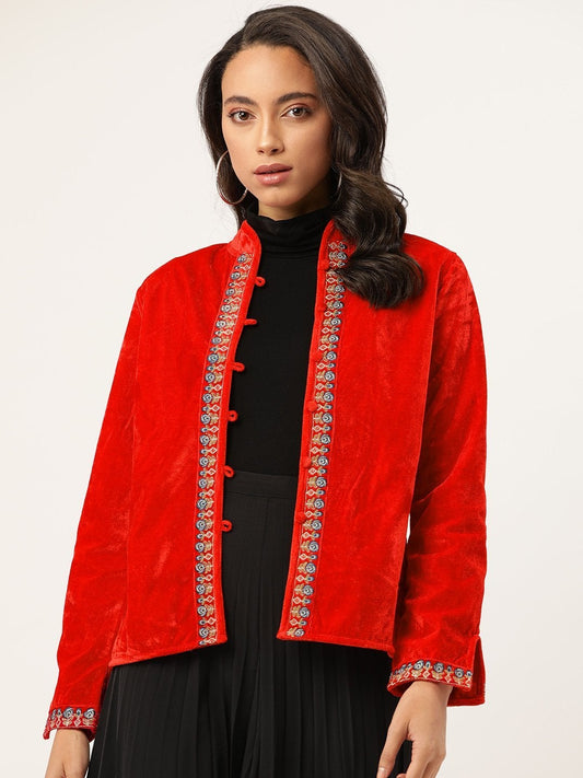 Women's Red Zari Embroidered Jacket