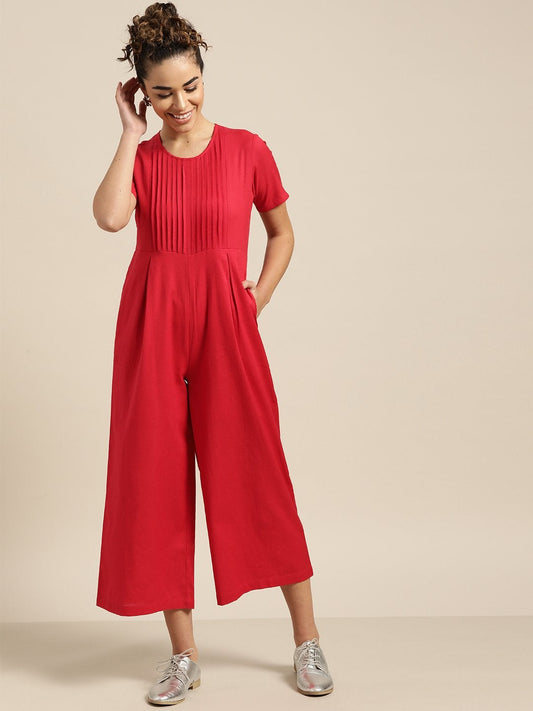 Women's Red Pleated Jumpsuit