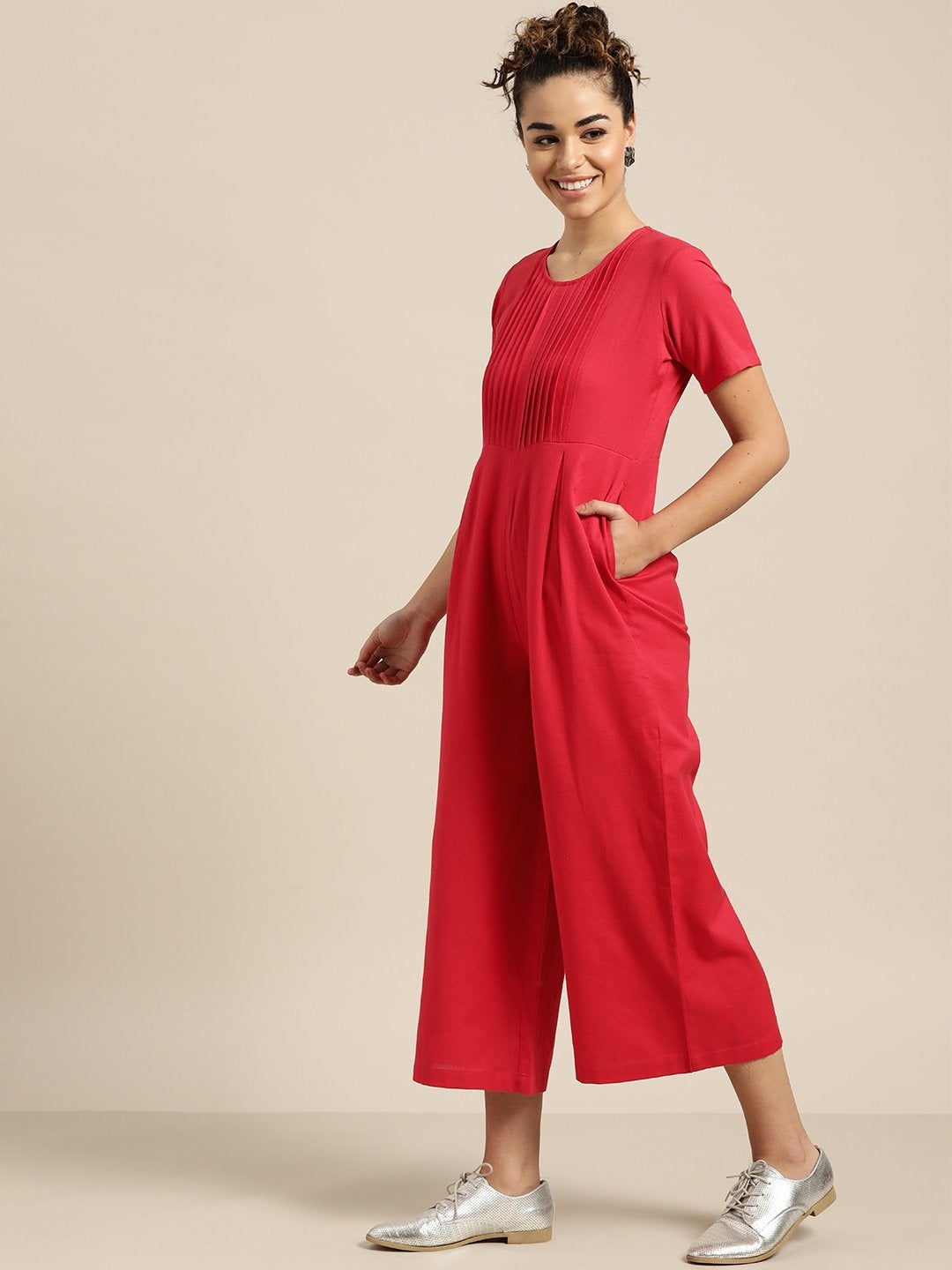 Women's Red Pleated Jumpsuit