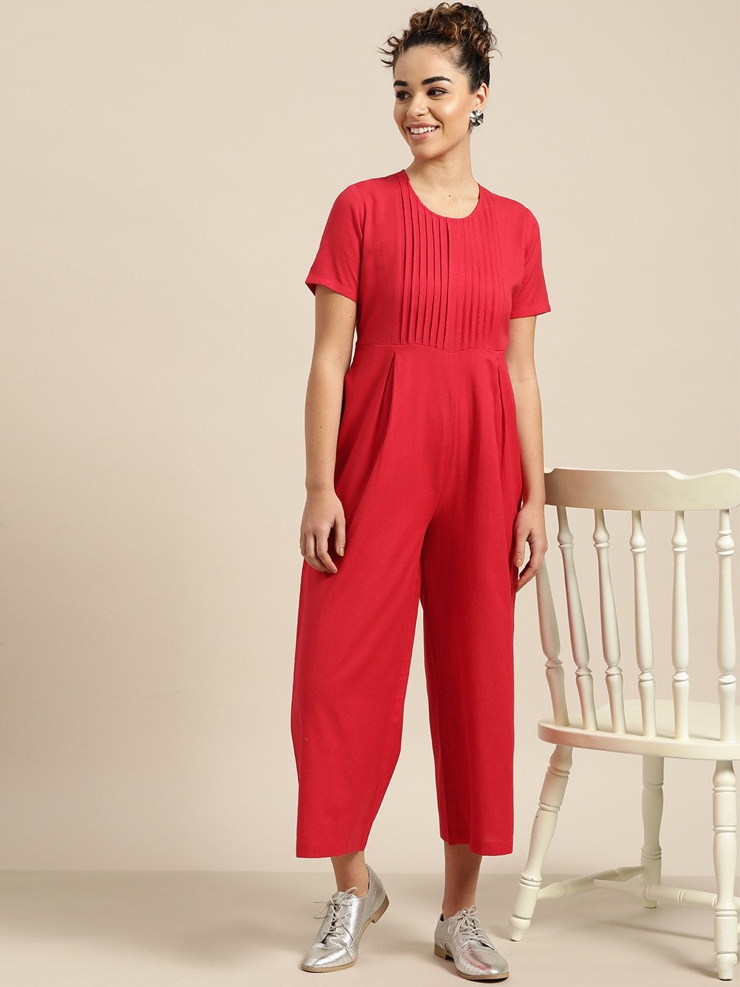 Women's Red Pleated Jumpsuit