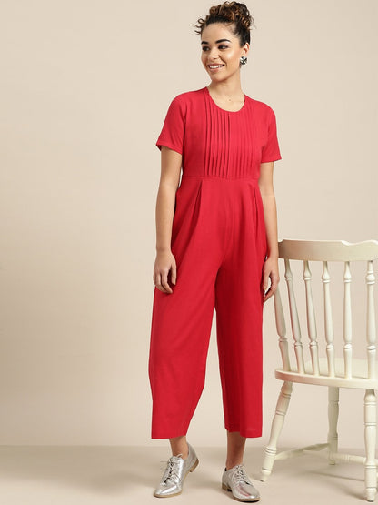 Women's Red Pleated Jumpsuit