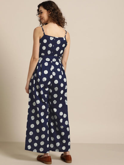 Women's Navy Polka Strappy Jumpsuit
