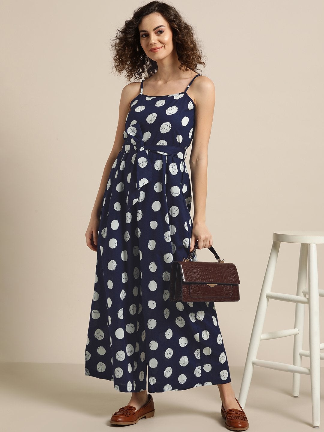 Women's Navy Polka Strappy Jumpsuit