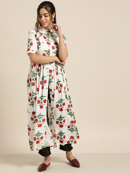 Women's White Floral Gathered Shirt Style Kurta