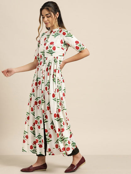 Women's White Floral Gathered Shirt Style Kurta