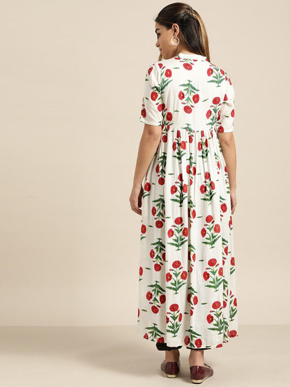 Women's White Floral Gathered Shirt Style Kurta