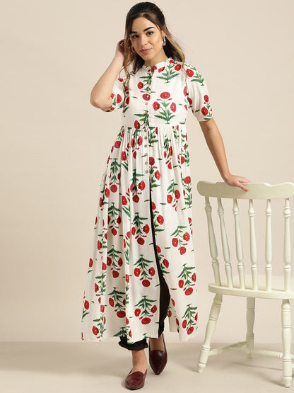 Women's White Floral Gathered Shirt Style Kurta