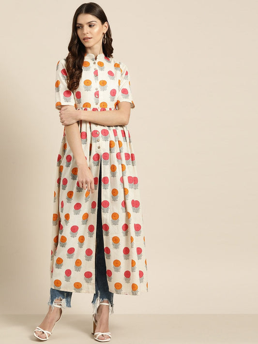 Women's Off-White Floral Gathered Shirt Style Kurta