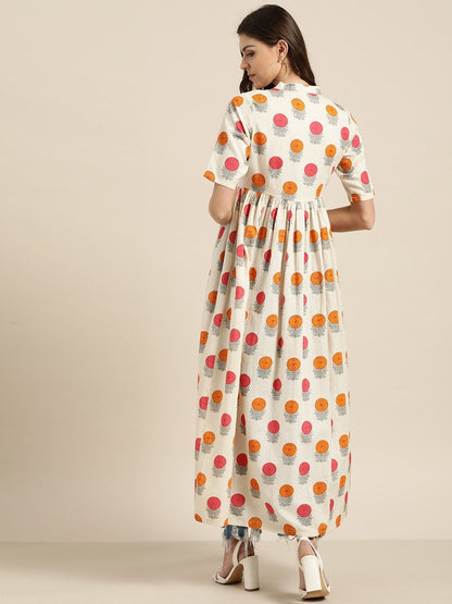 Women's Off-White Floral Gathered Shirt Style Kurta