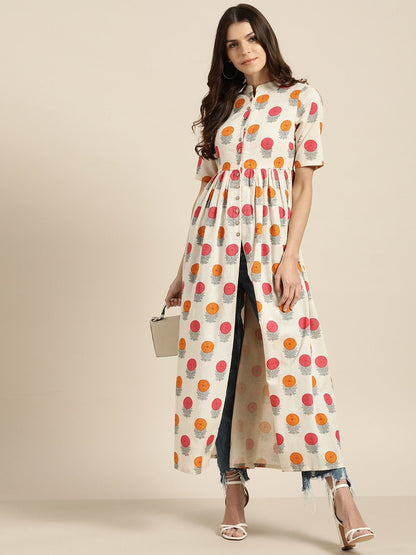 Women's Off-White Floral Gathered Shirt Style Kurta