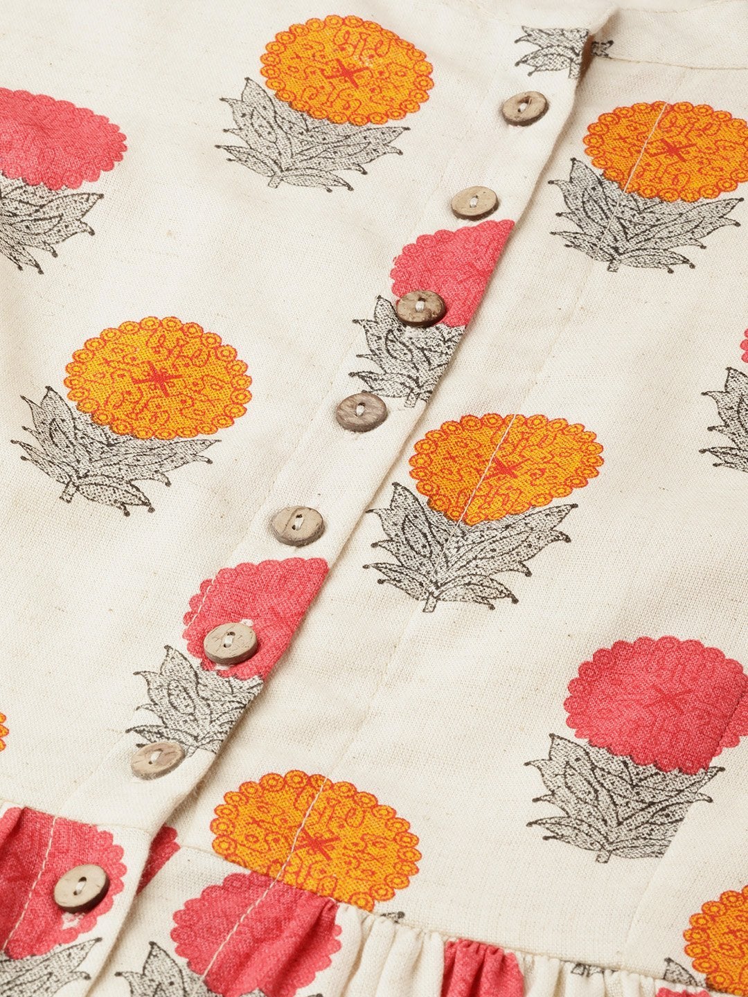 Women's Off-White Floral Gathered Shirt Style Kurta