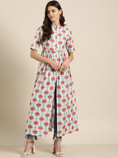 Women's Pink Floral Gathered Shirt Style Kurta