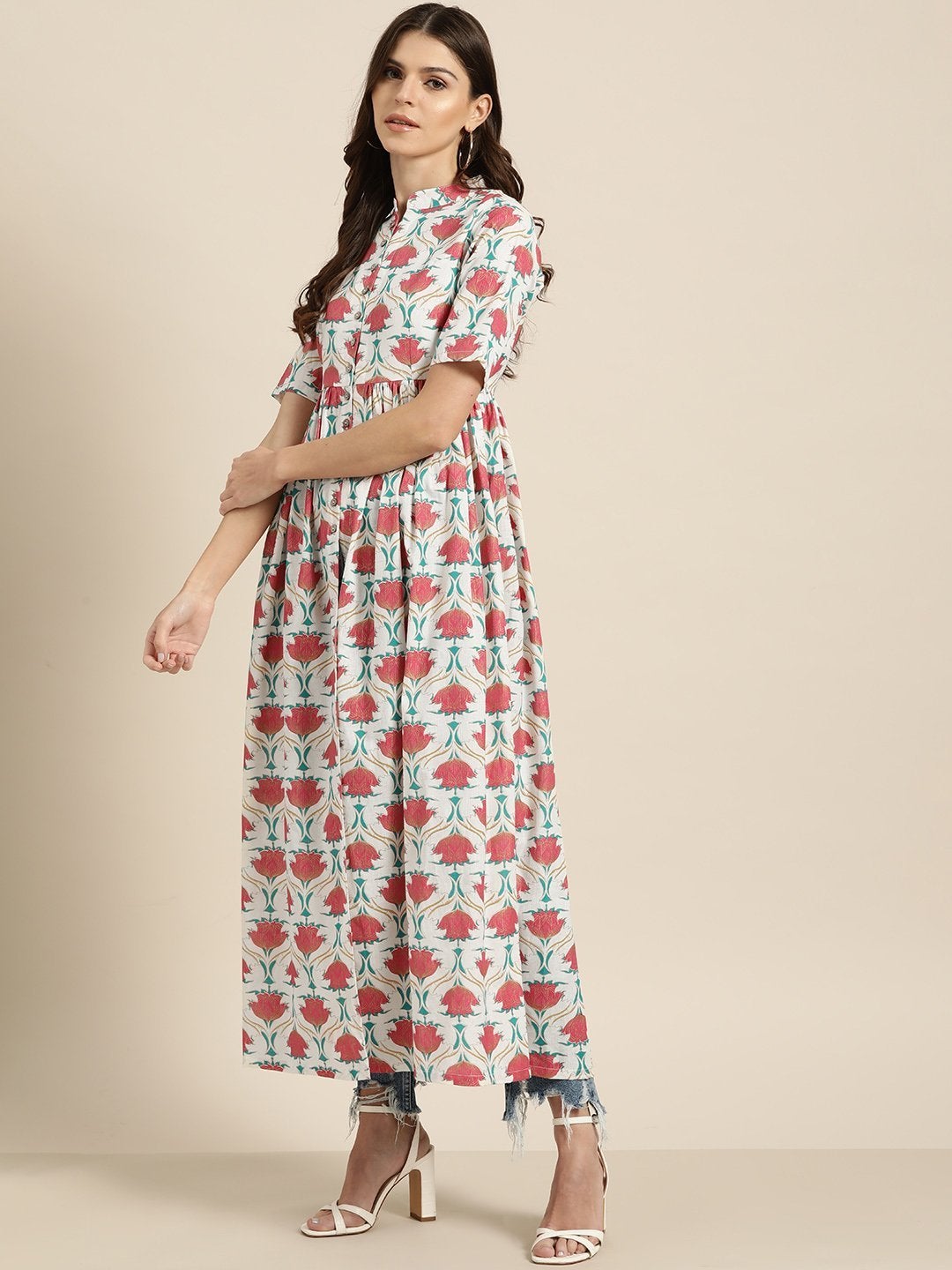 Women's Pink Floral Gathered Shirt Style Kurta