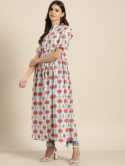Women's Pink Floral Gathered Shirt Style Kurta