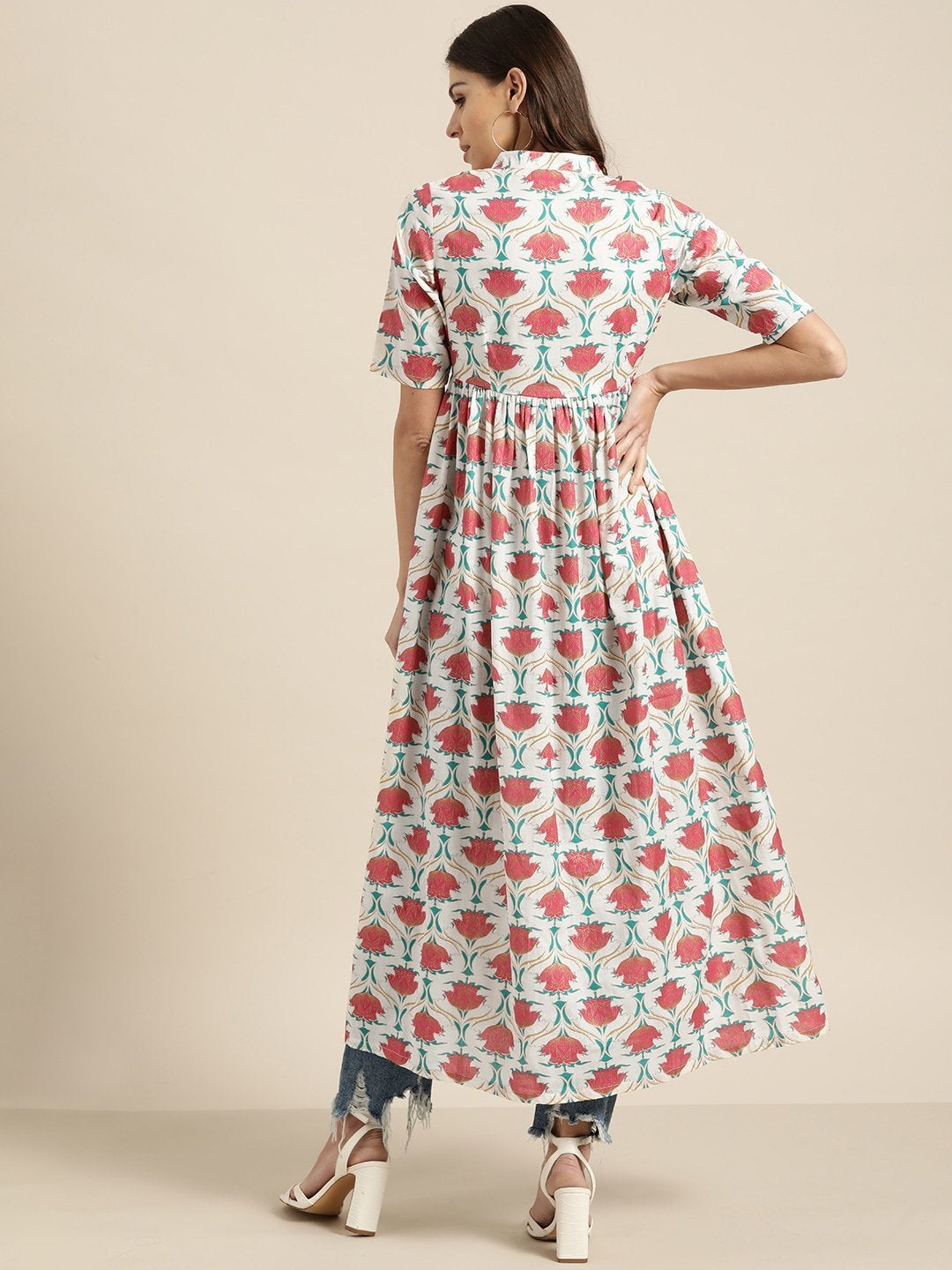 Women's Pink Floral Gathered Shirt Style Kurta