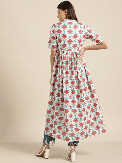 Women's Pink Floral Gathered Shirt Style Kurta