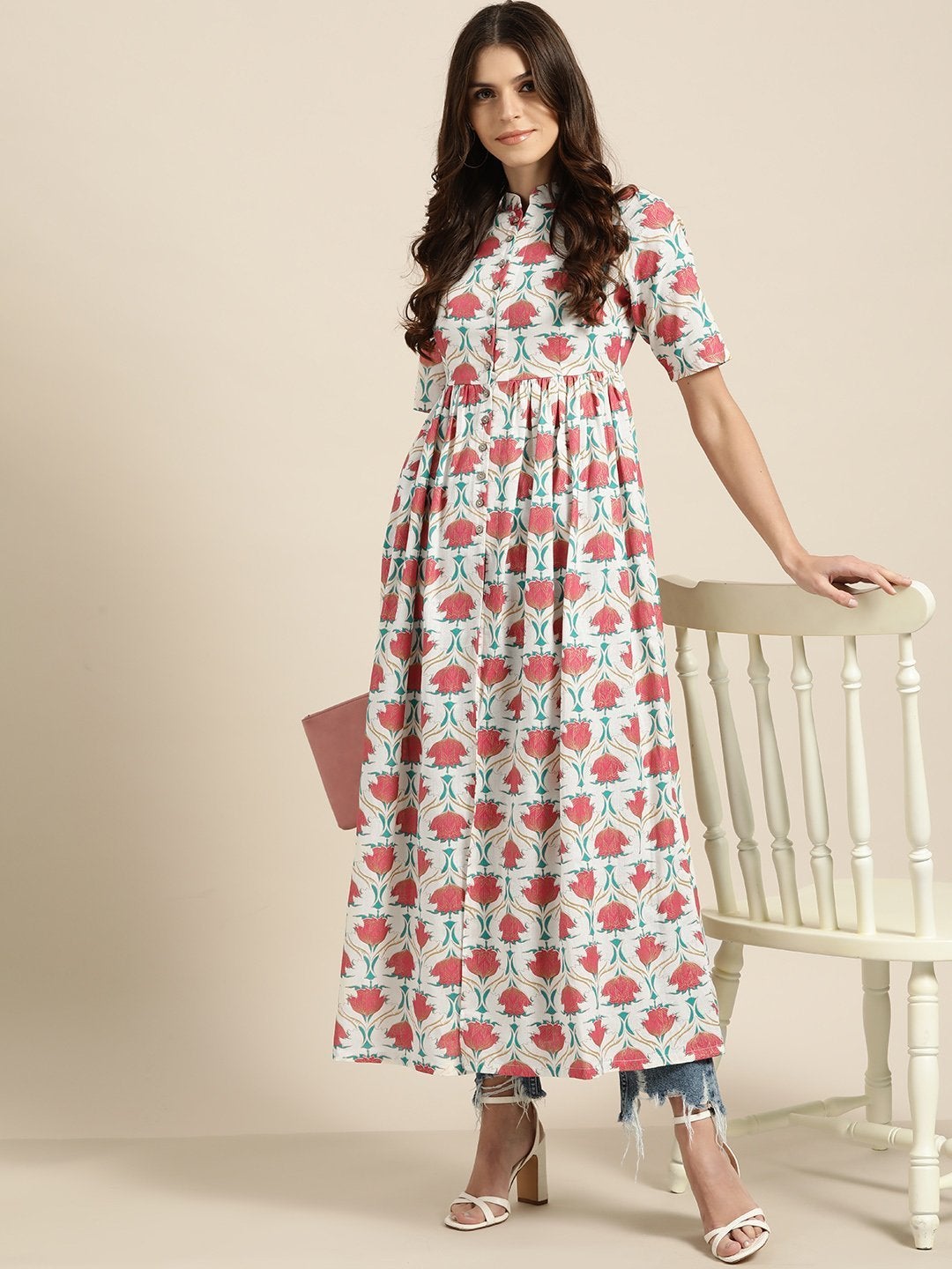 Women's Pink Floral Gathered Shirt Style Kurta