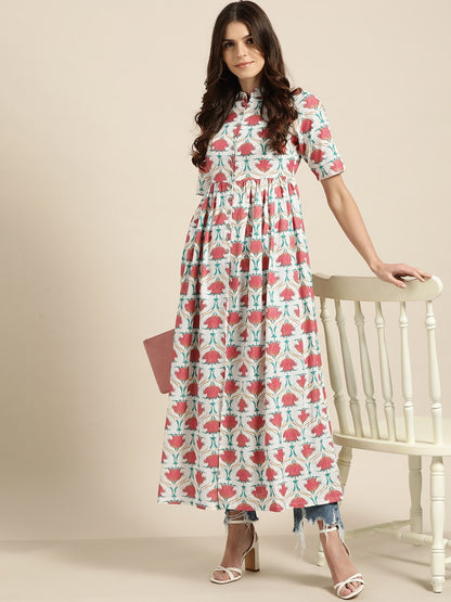 Women's Pink Floral Gathered Shirt Style Kurta