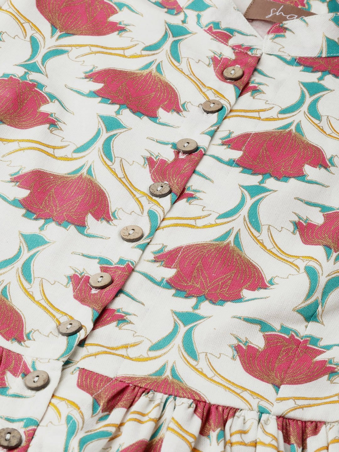 Women's Pink Floral Gathered Shirt Style Kurta