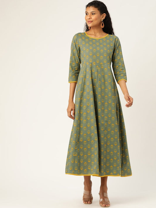 Women's Olive Floral Kurta Dress