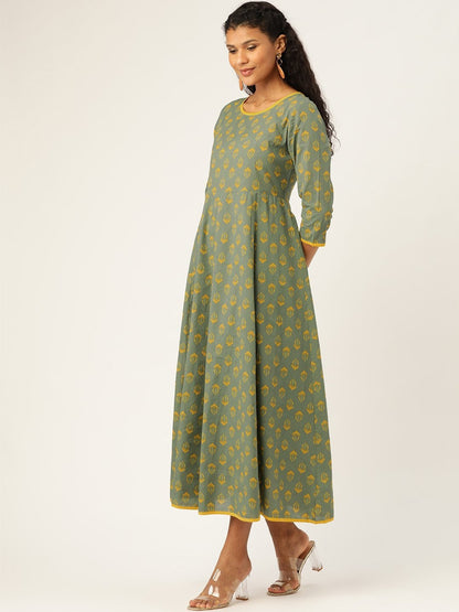 Women's Olive Floral Kurta Dress