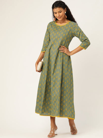 Women's Olive Floral Kurta Dress