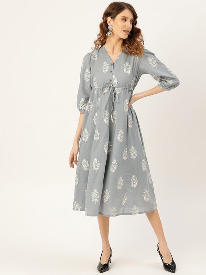 Women's Pale Blue Glitter Foil V-Neck Drawstring Kurta Dress