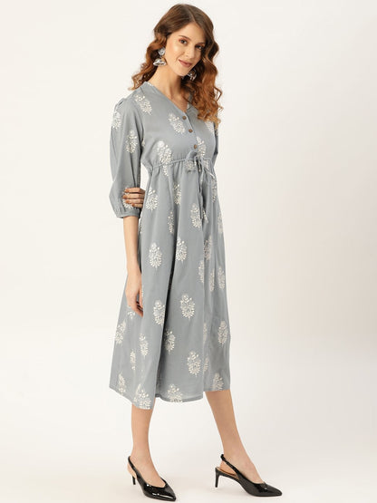 Women's Pale Blue Glitter Foil V-Neck Drawstring Kurta Dress