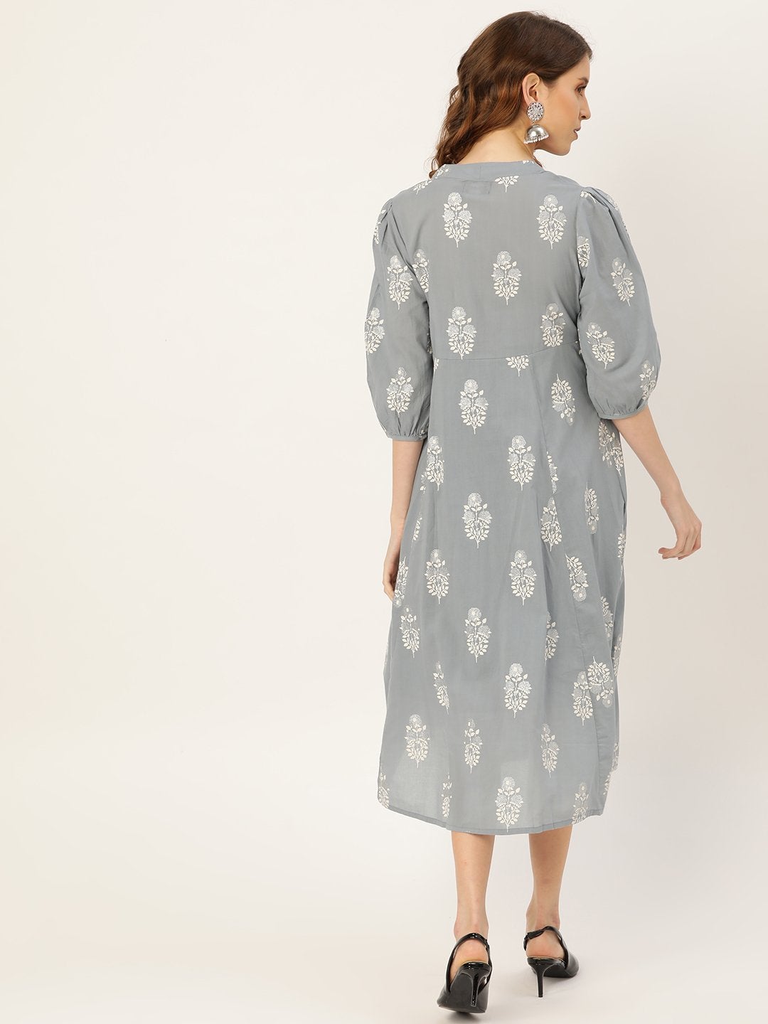 Women's Pale Blue Glitter Foil V-Neck Drawstring Kurta Dress