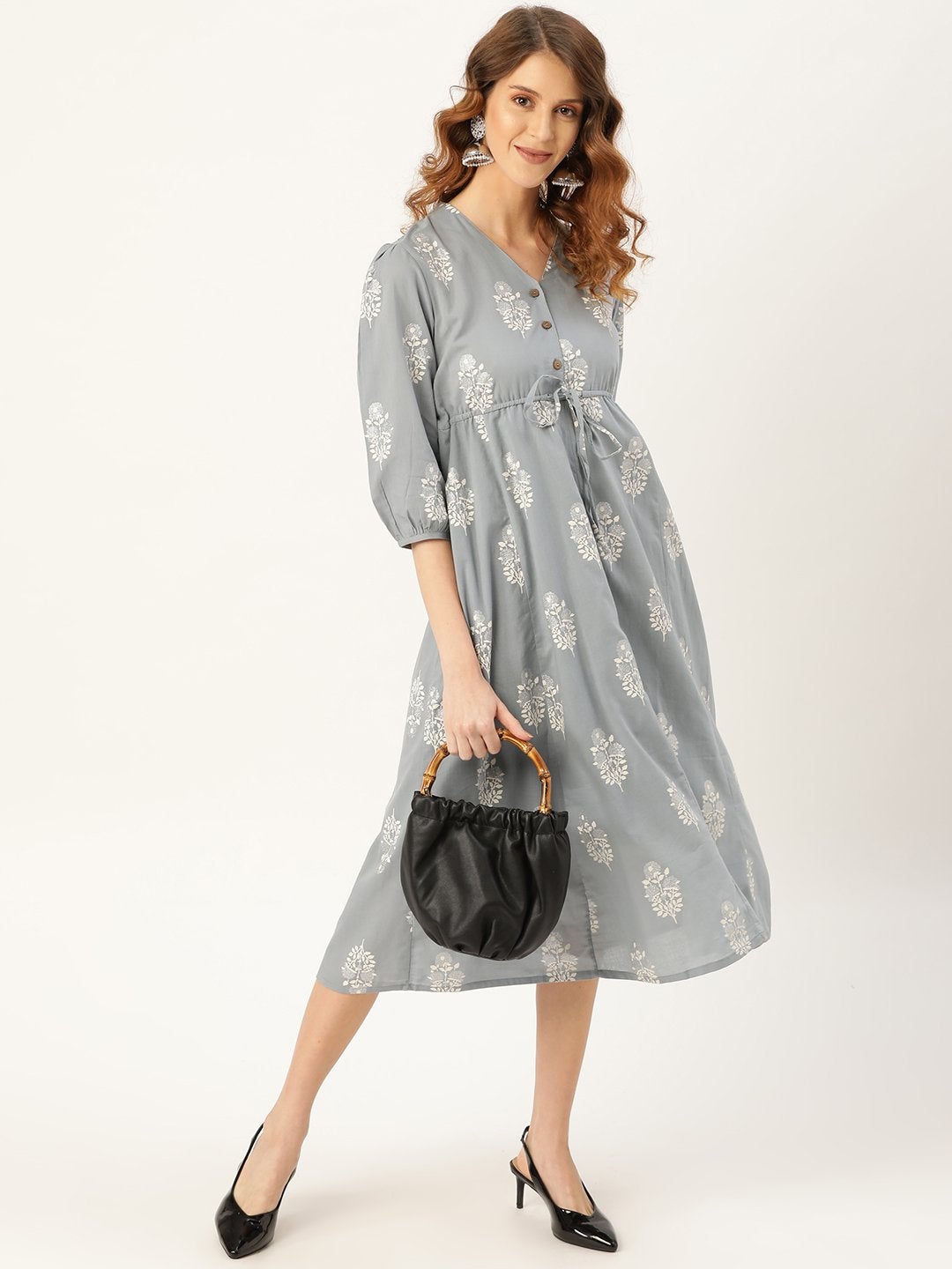 Women's Pale Blue Glitter Foil V-Neck Drawstring Kurta Dress