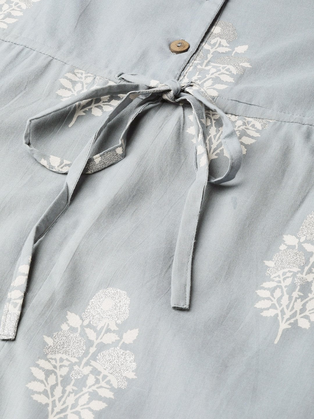 Women's Pale Blue Glitter Foil V-Neck Drawstring Kurta Dress