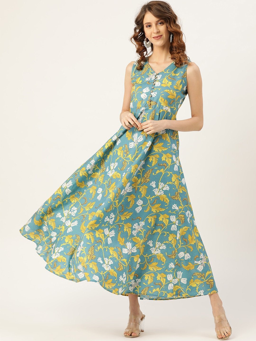Women's Turquoise Floral Sleeveless Flared Kurta Dress
